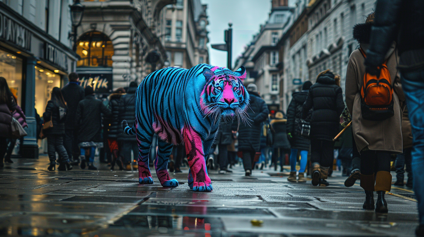 People shocked to see blue and pink tiger.