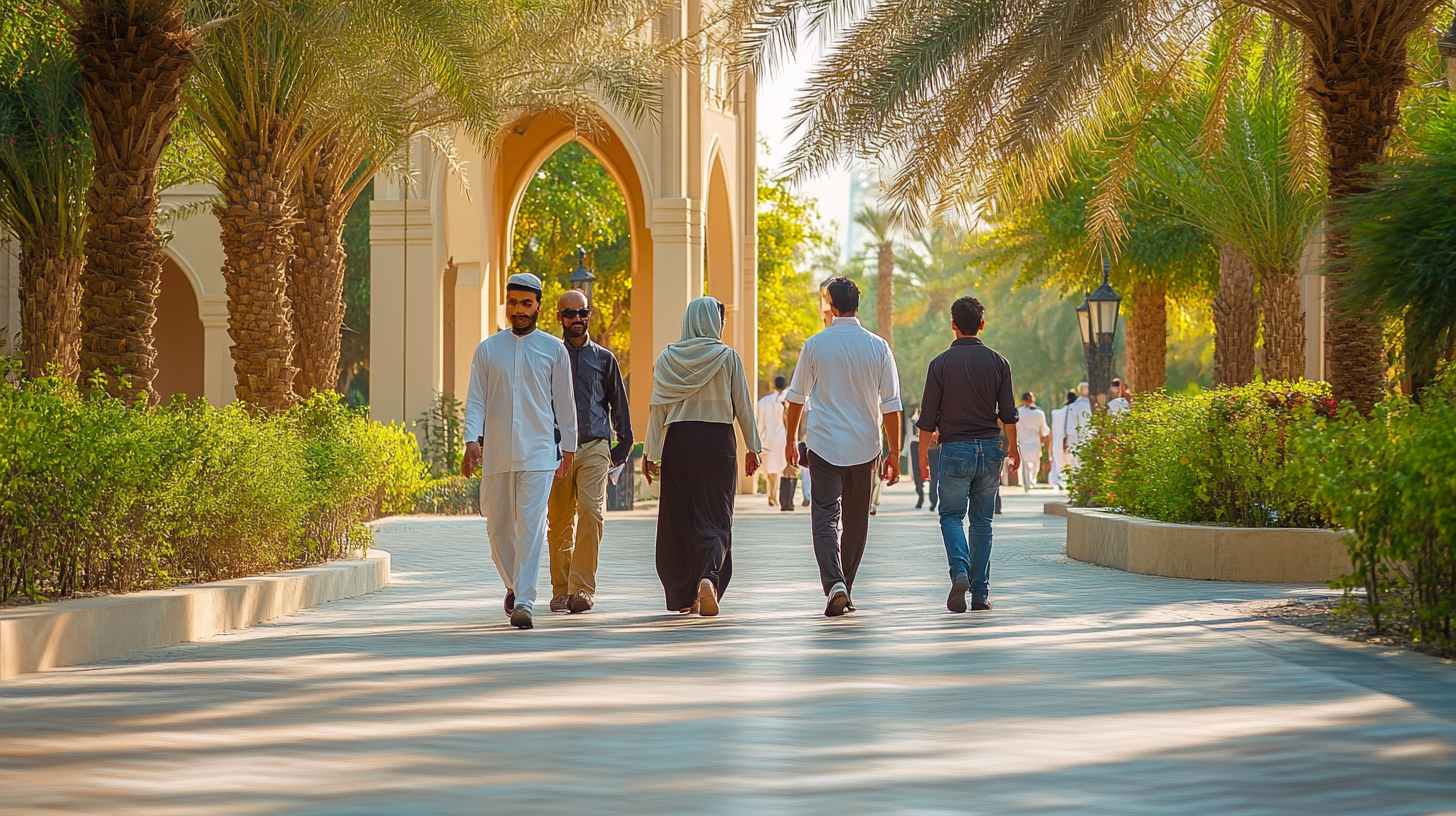 People walking in Abu Dhabi with traditional buildings.