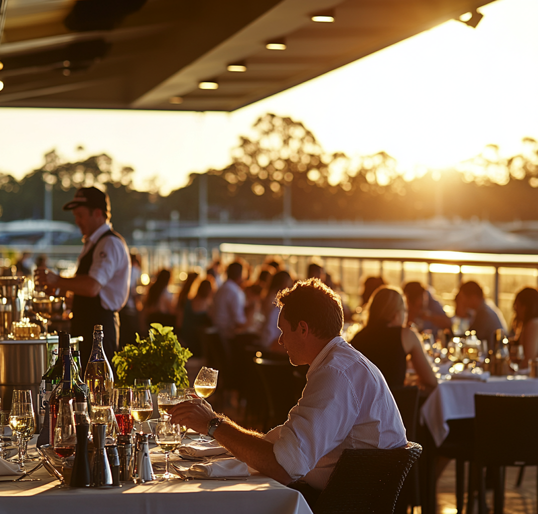 People watching sunset, dining outdoors, served by waiters.