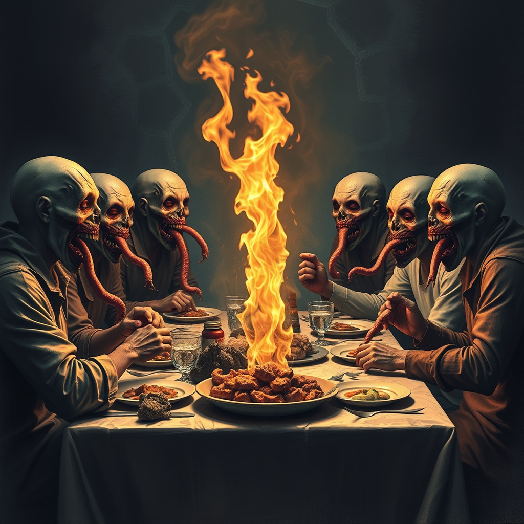 People with snake mouths eat flaming food.