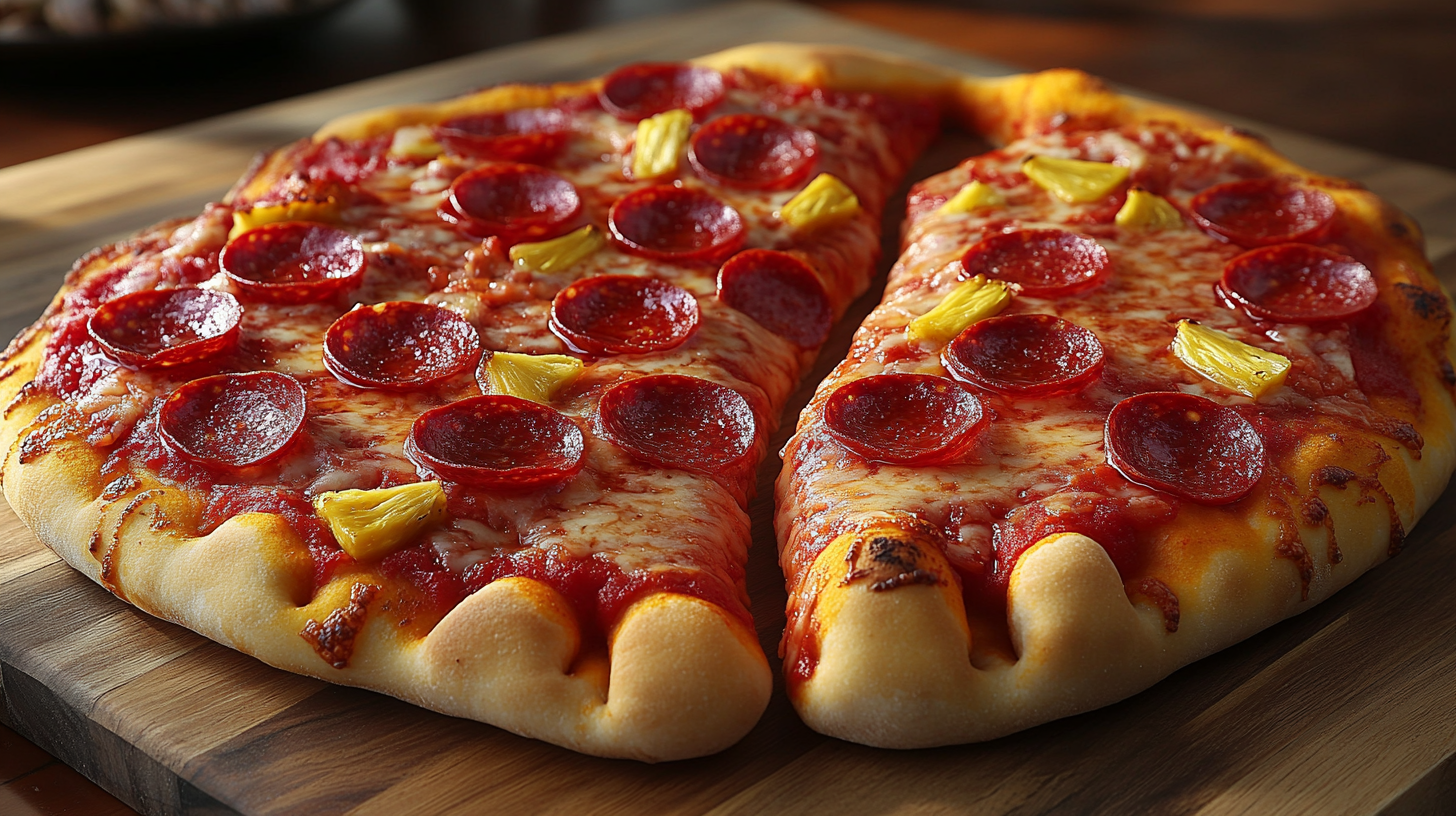 Pepperoni and ananas pizza shaped as two feet.