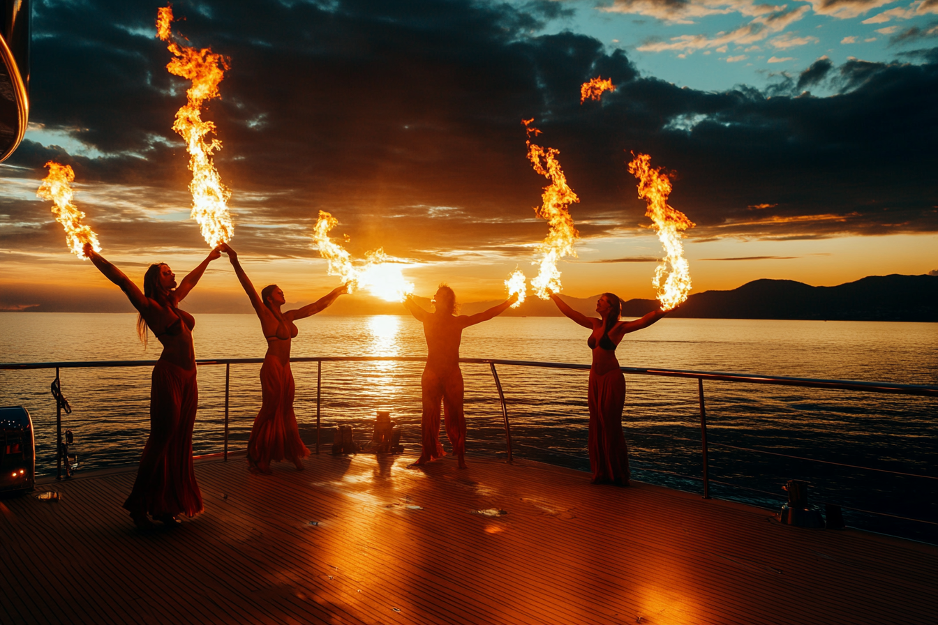 Performers spinning fire on luxury yacht at golden hour.