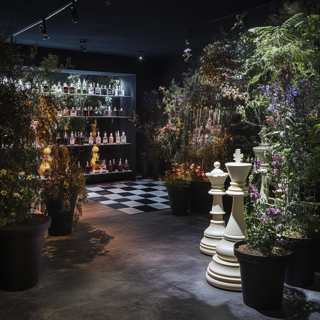 Perfume brand event with chess pieces, flowers, plants, and perfumes