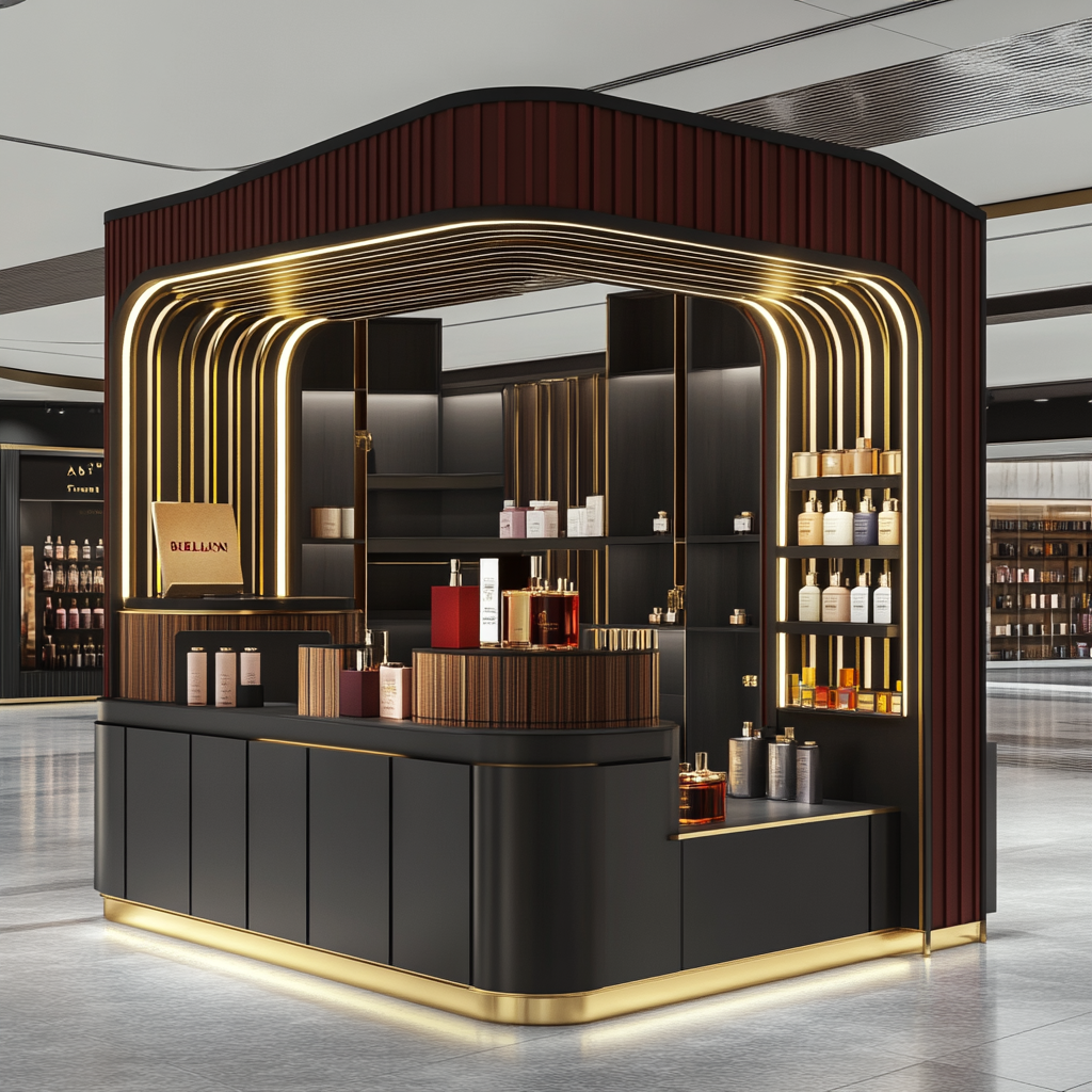 Perfume brand kiosk in shopping mall with chic design.