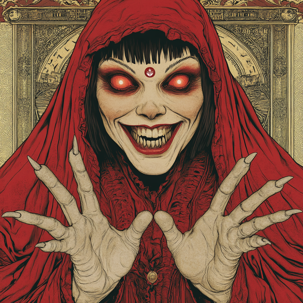 Persephone in red robe with wide grin, third eye.