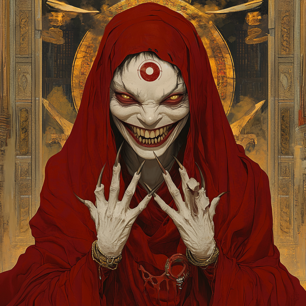 Persephone wearing red robe with wide grin, third eye.