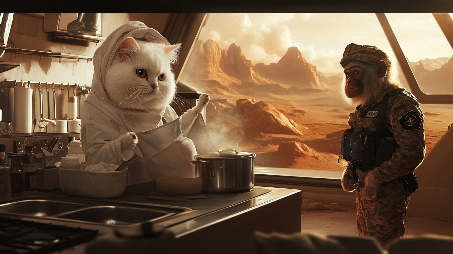 Persian cat cooks on Mars with monkey in uniform.