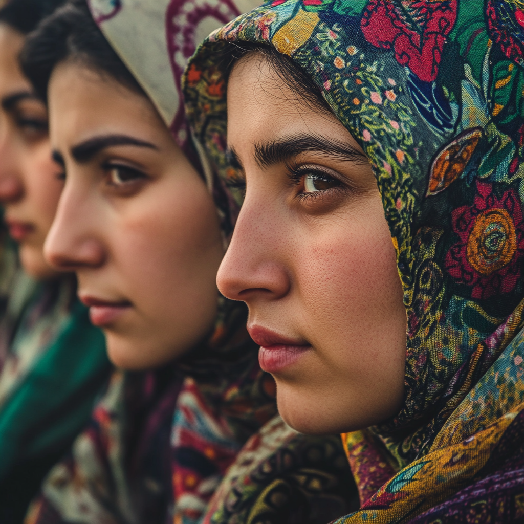 Persian women picking olives with colorful headscarves proudly.