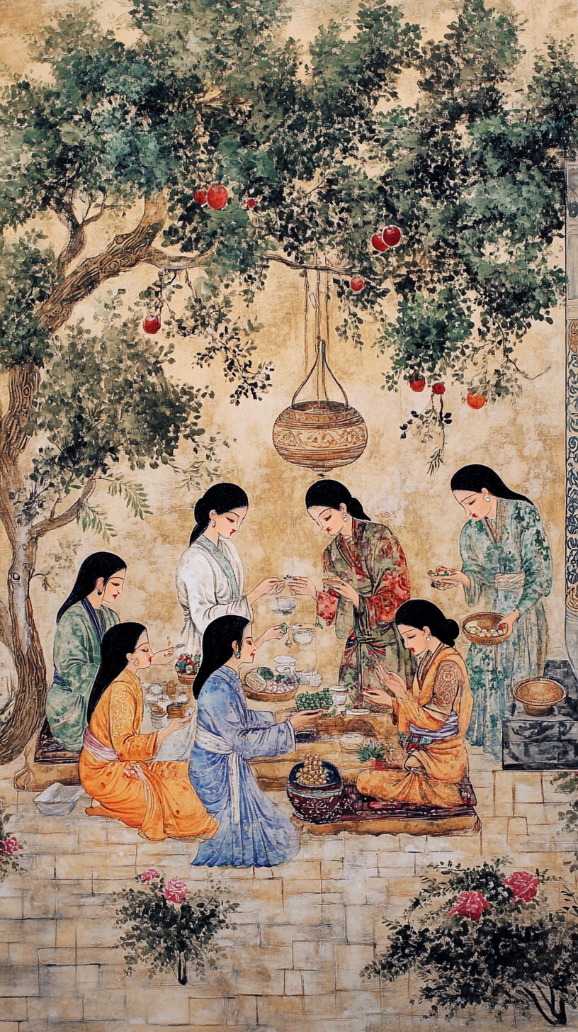 Persians creating health remedies in beautiful ancient environment.