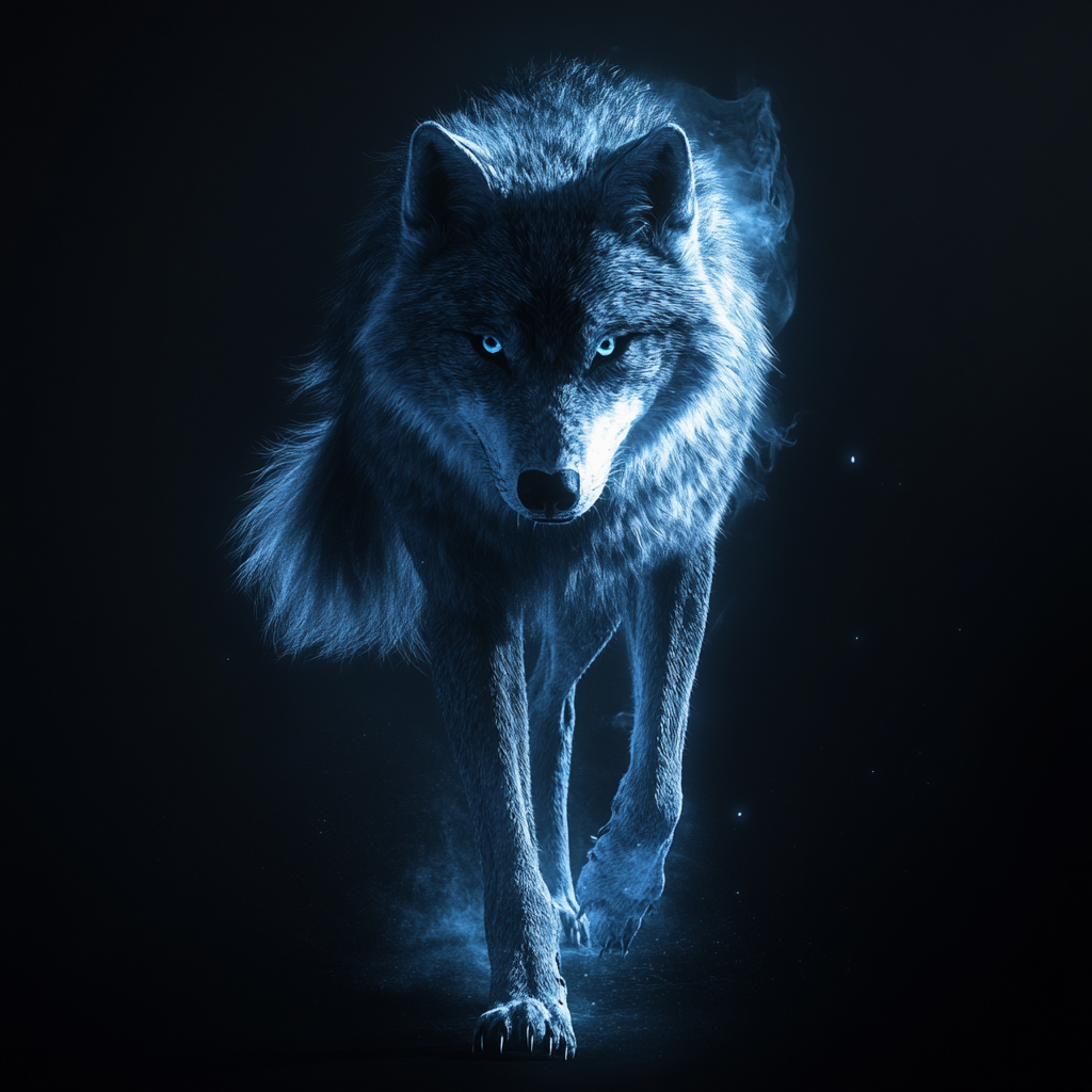 Person as ultra-realistic wolf walking through black, silver, blue 4k