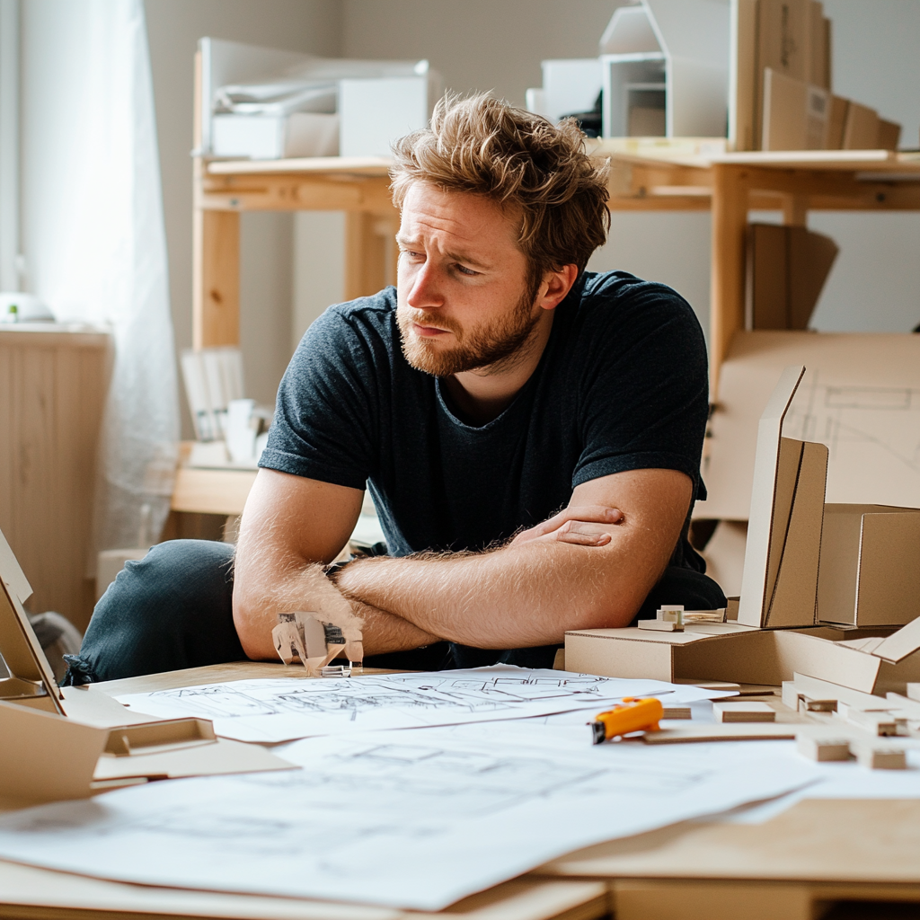 Person assembling IKEA shelf at home confused