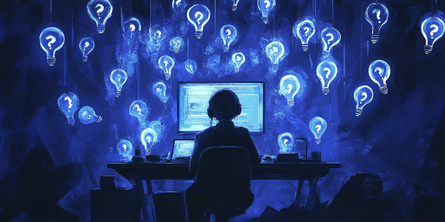 Person at Desk Surrounded by Question Marks