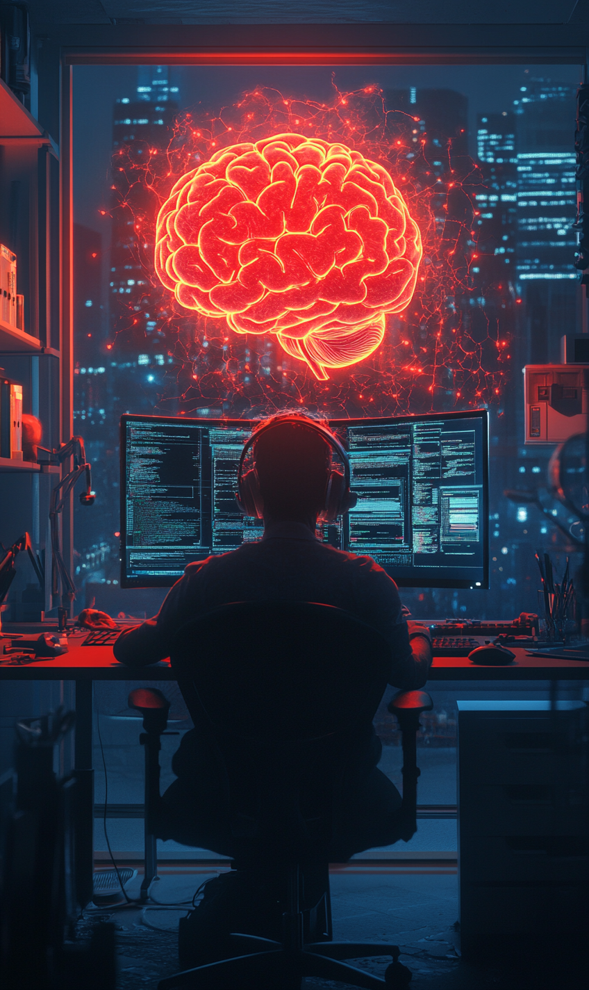 Person at desk with glowing brain, computer work