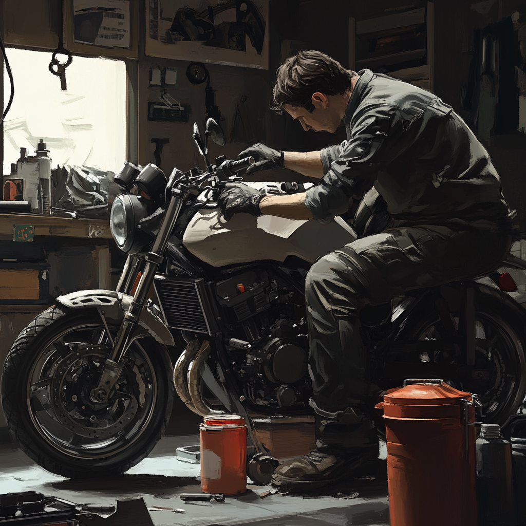 Person checking motorcycle battery and fuel system for starting problems.