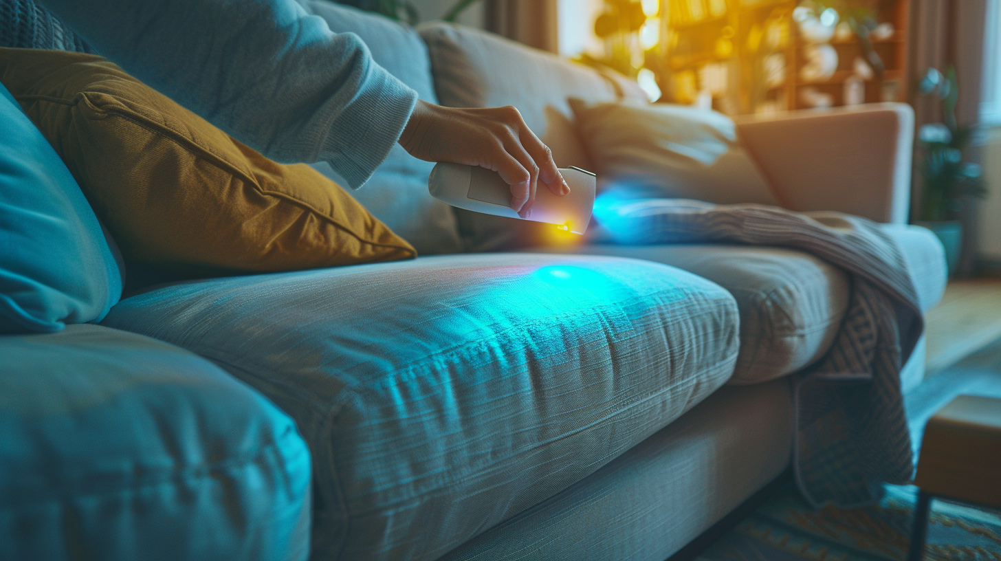 Person cleaning sofa with blue light in room