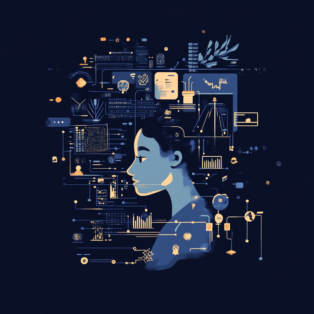 Person coding on computer with challenge icons, navy background.