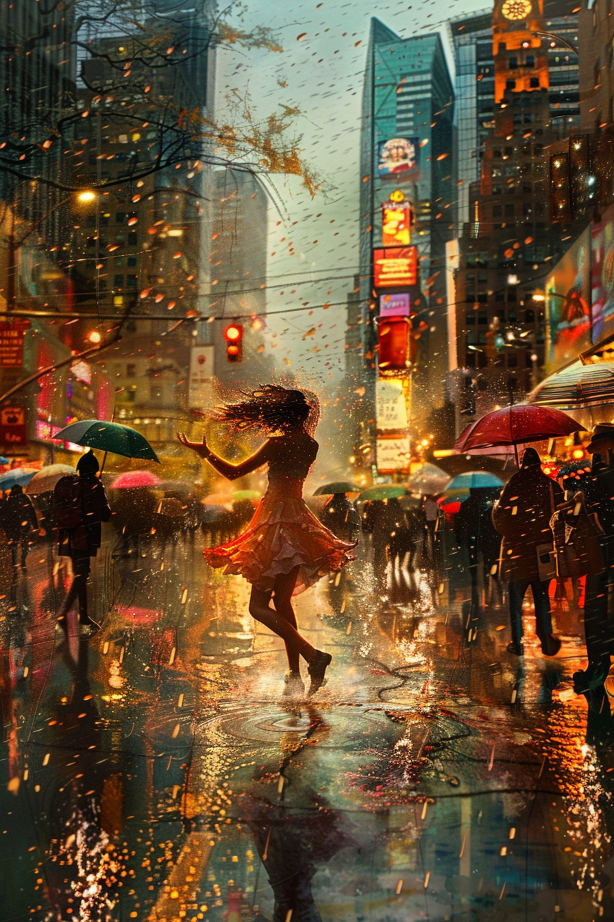 Person dancing happily in storm on city street.