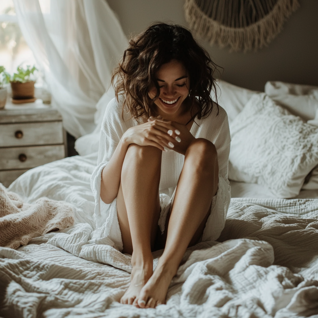 Person enjoys clean toenails in cozy bedroom, smiling.