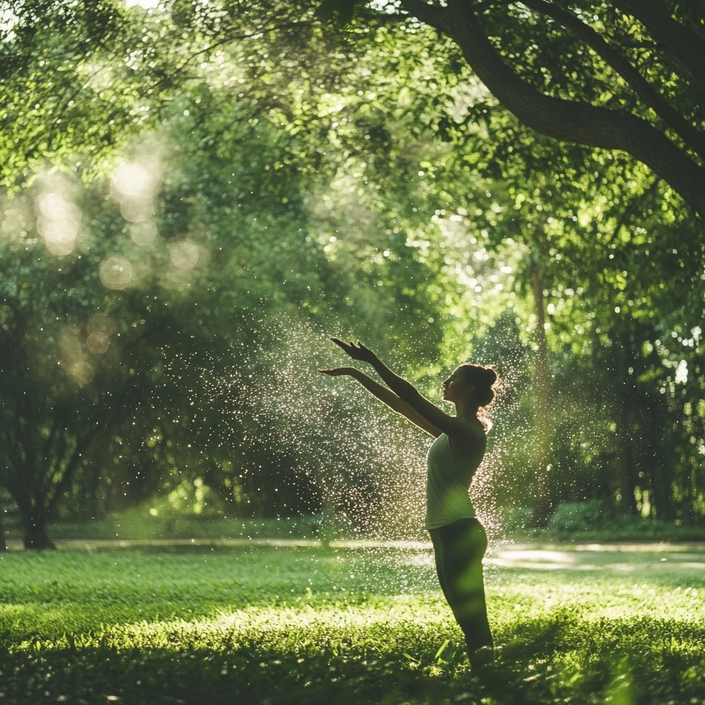 Person exercises in park, stress dissolves, mind-body benefits.