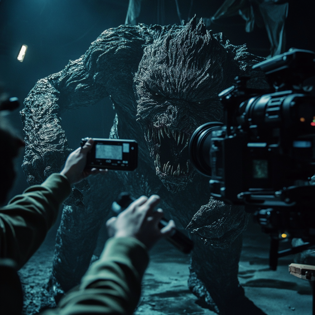 Person films monster while crew sets up cameras