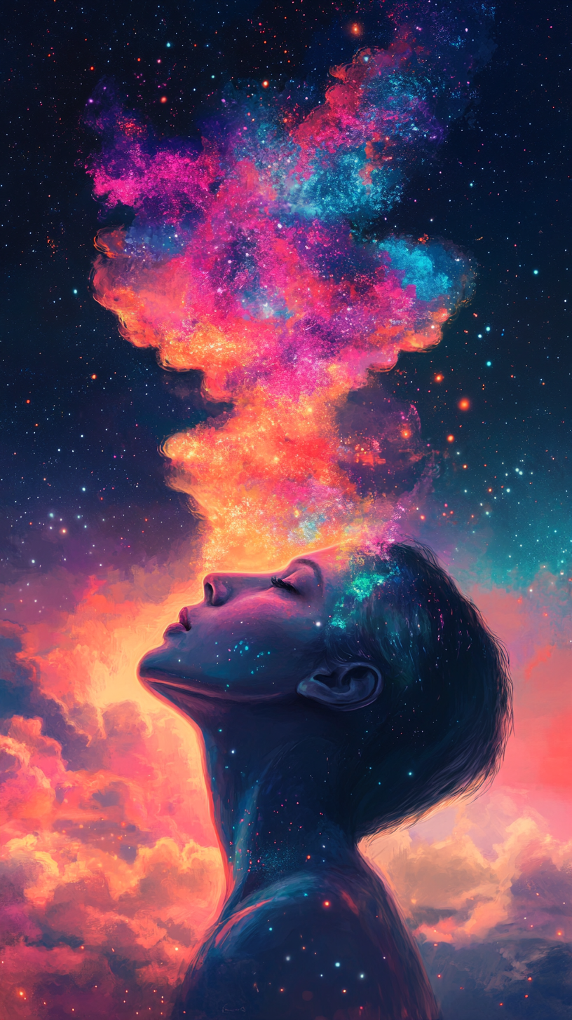 Person gazing at cosmic cloud in dreamy atmosphere.