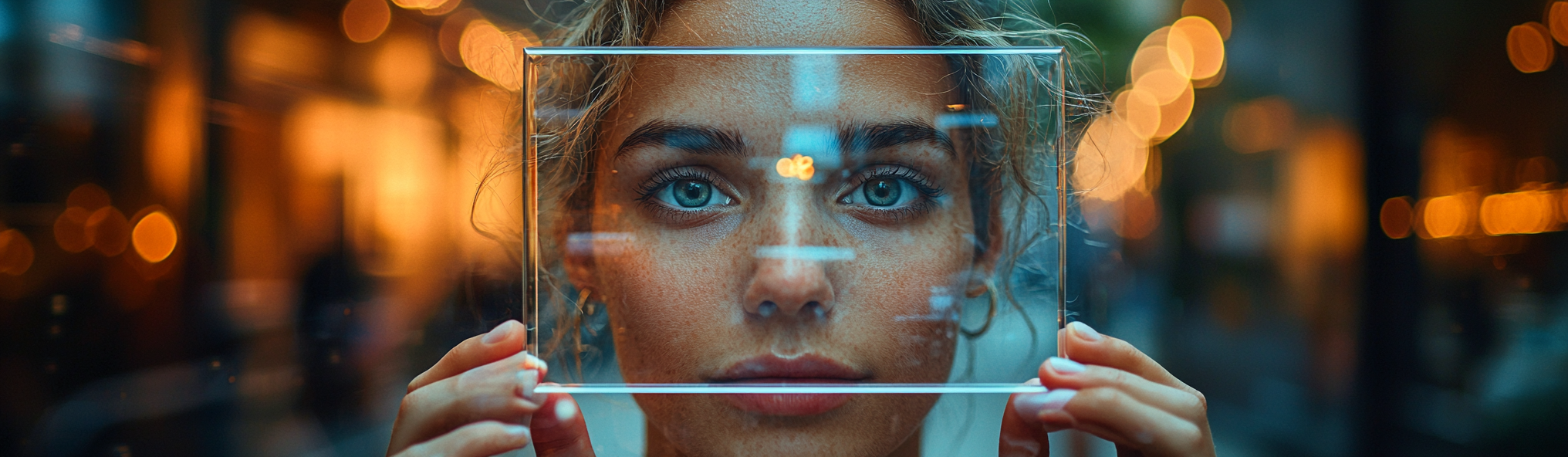 Person holding frame, reflection confident, relaxed face visible