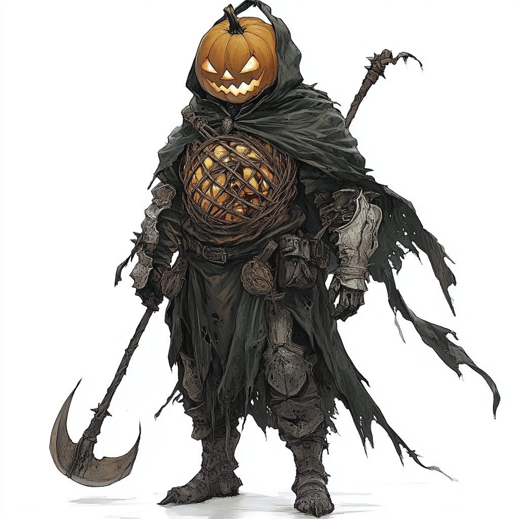 Person in Halloween pumpkin armor, scythe, Monster Hunter style.