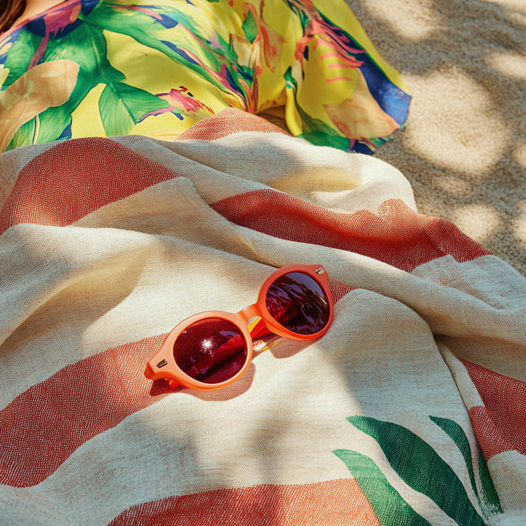 Person in Hawaiian shirt on beach blanket with sunglasses