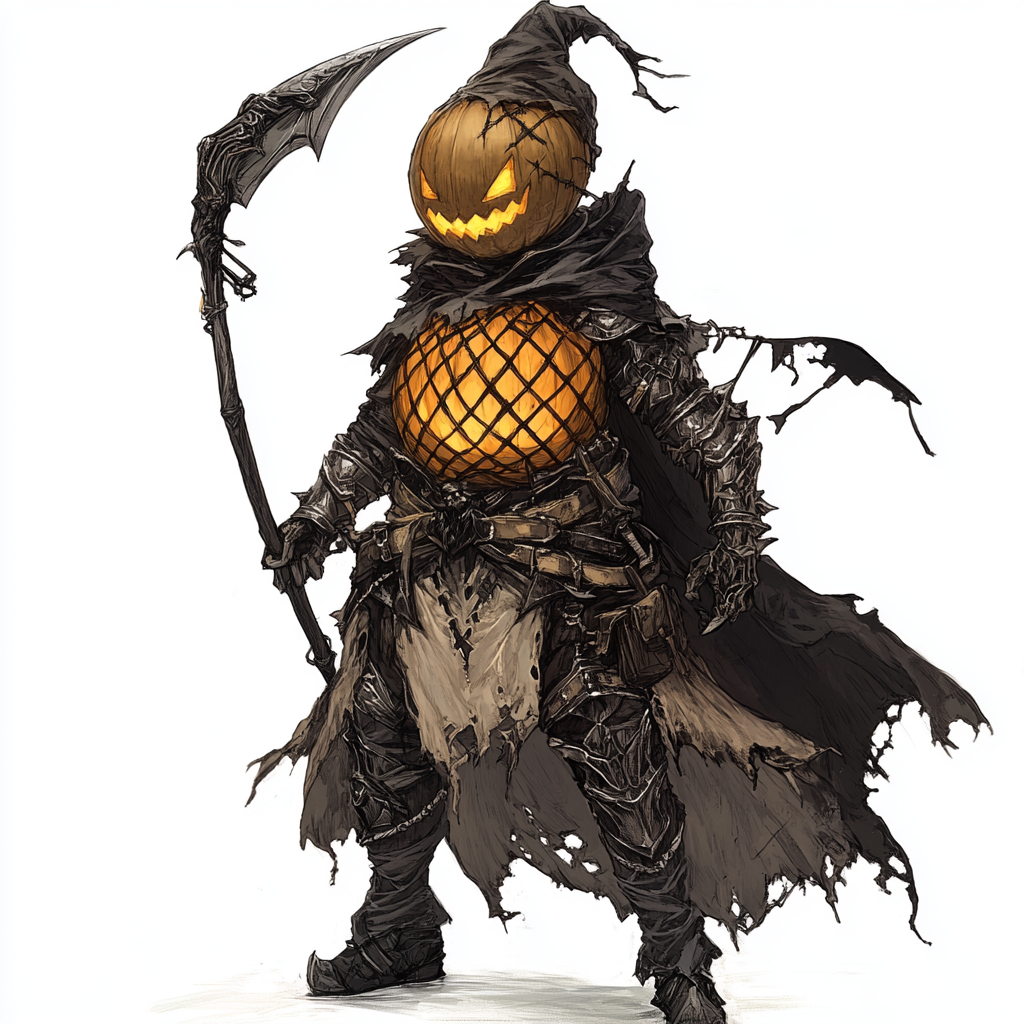 Person in Monster Hunter armor, smiling Halloween helmet.