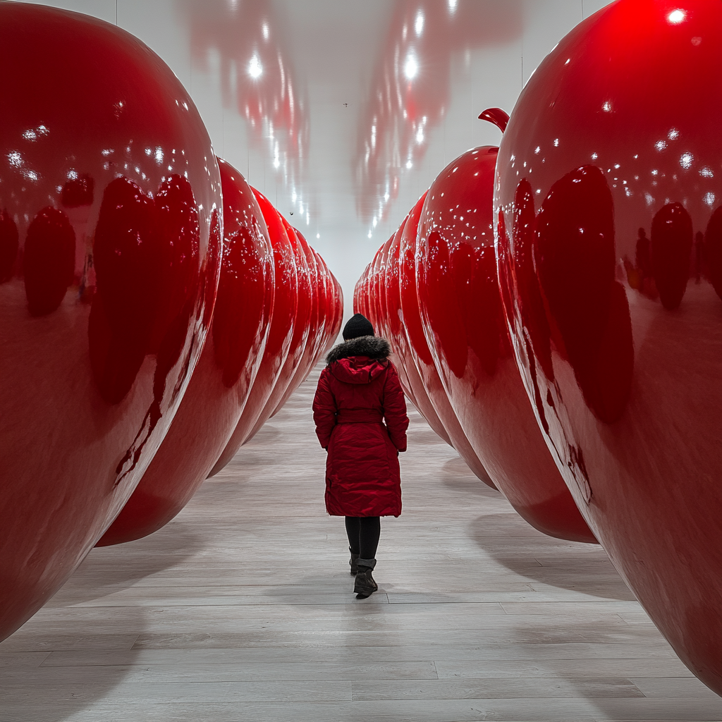 Person in Winter Coat Walks Through Shiny Apple-Arranged Room.