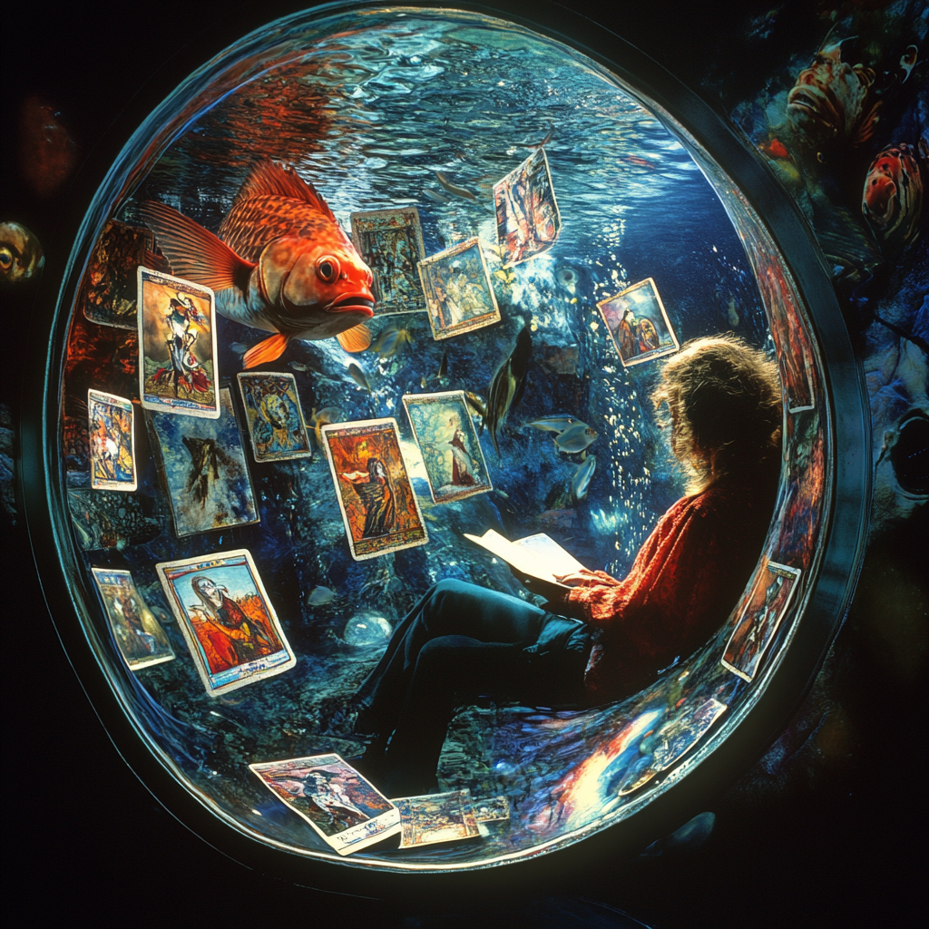 Person in aquarium with art tarot cards, fish swimming.