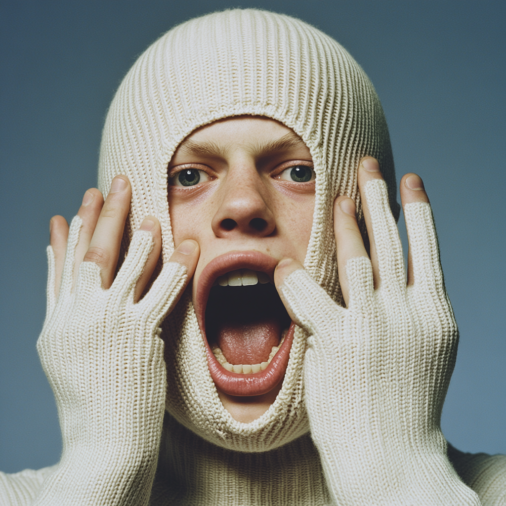 Person in balaclava stretching mouth open with fingers.