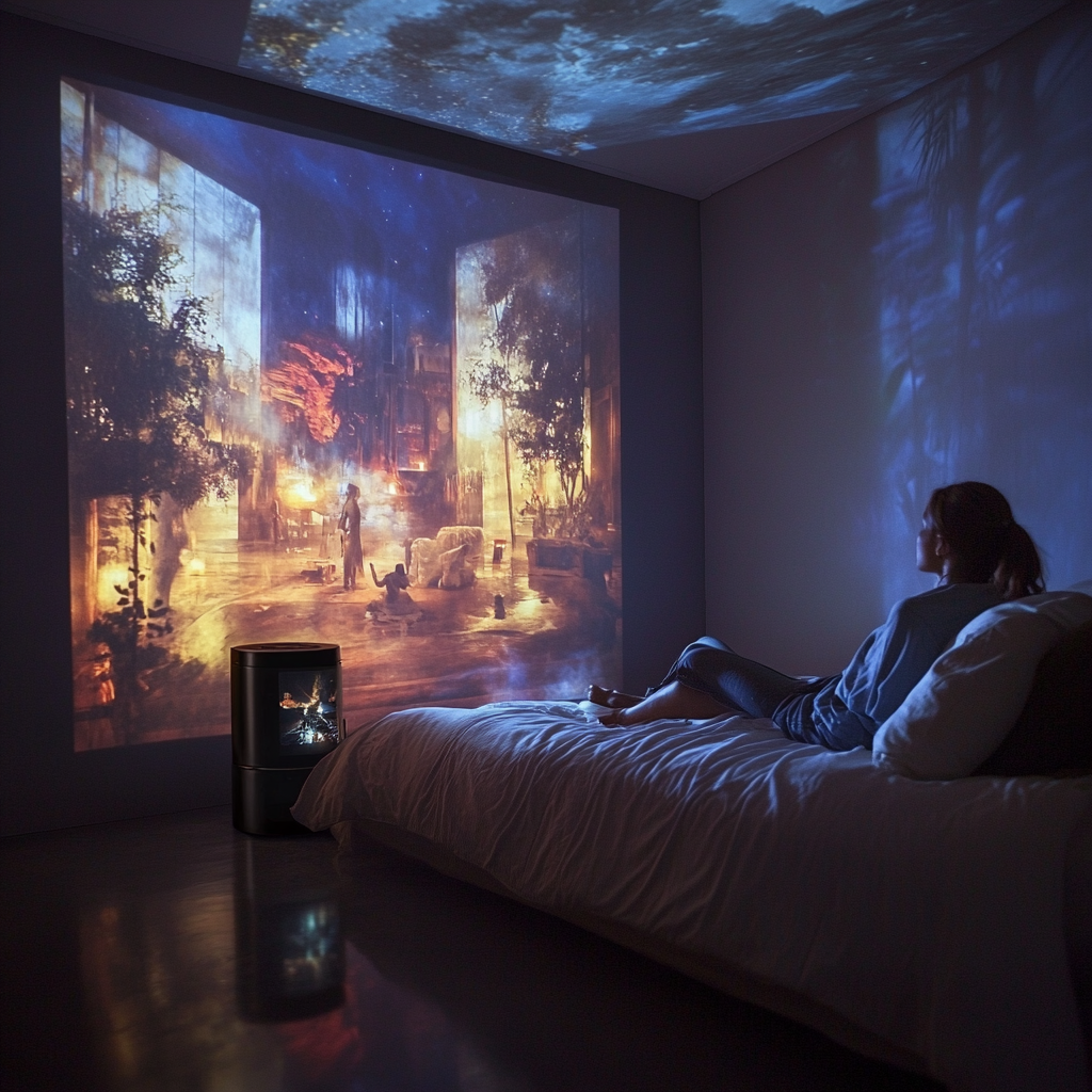 Person in bed watching projected movie on wall.