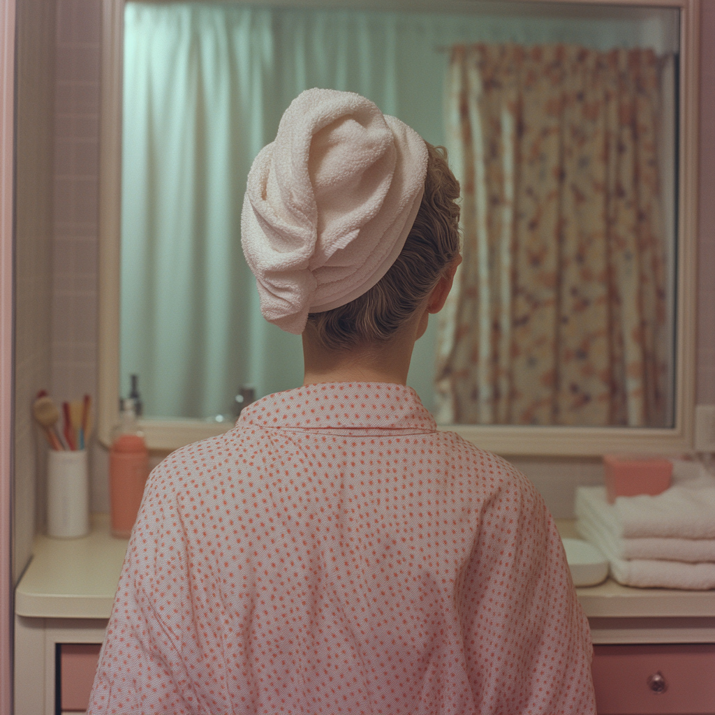 Person in dressing gown and towel looking in mirror.