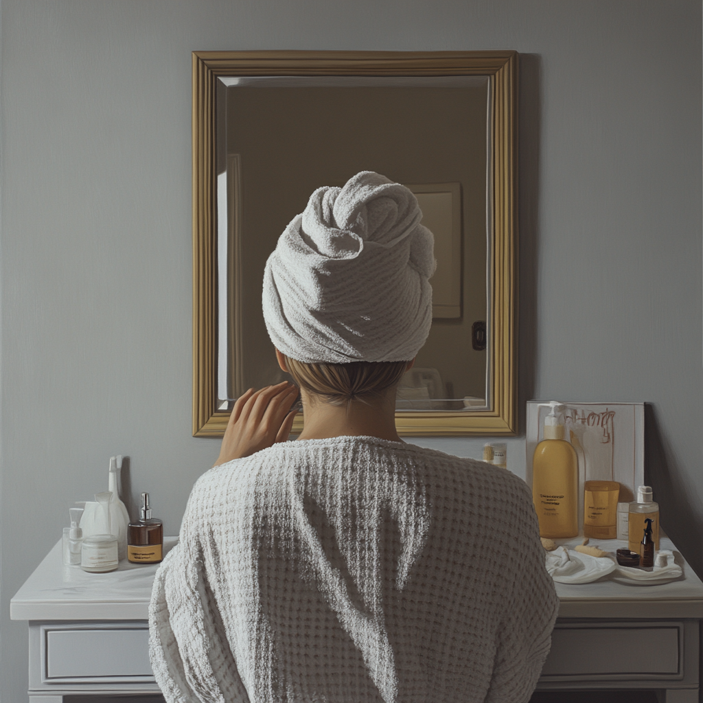 Person in dressing gown looks at self in mirror