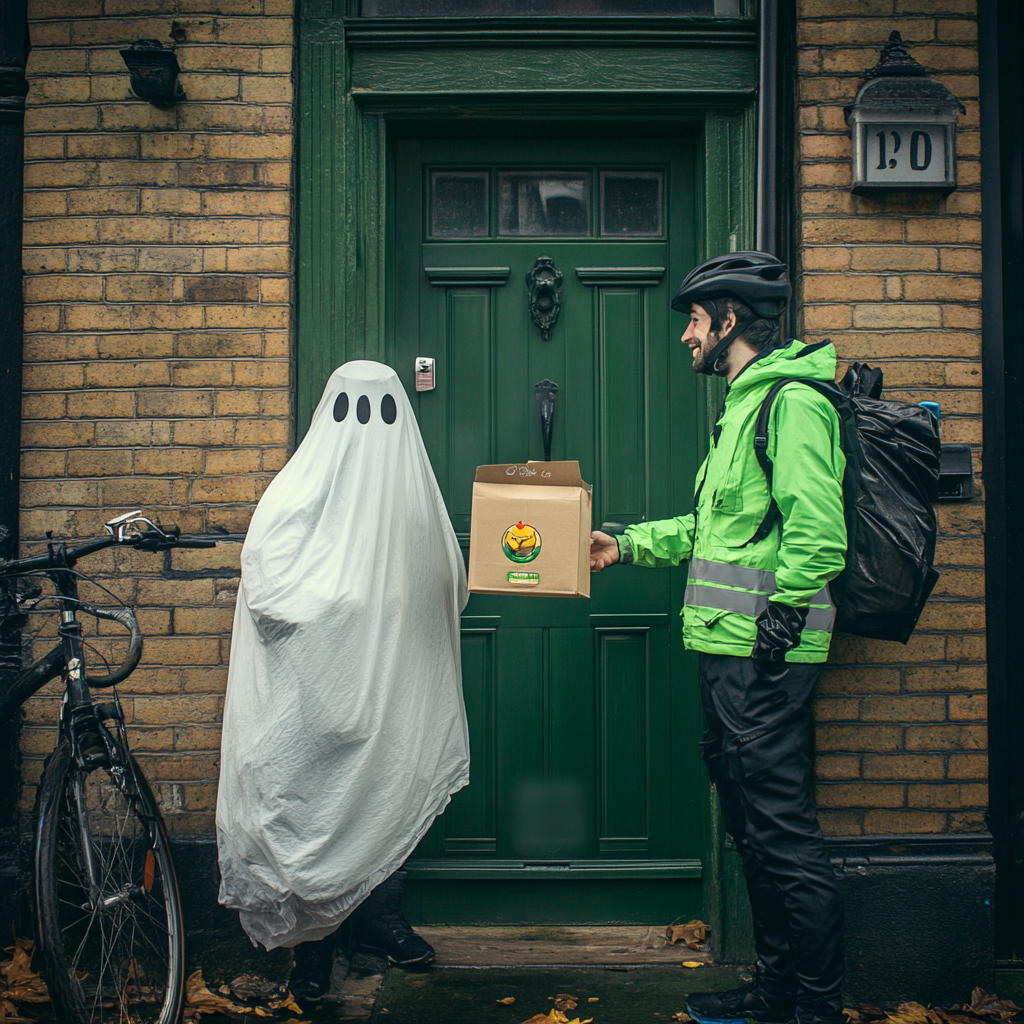 Person in ghost costume smiling at Uber Eats.