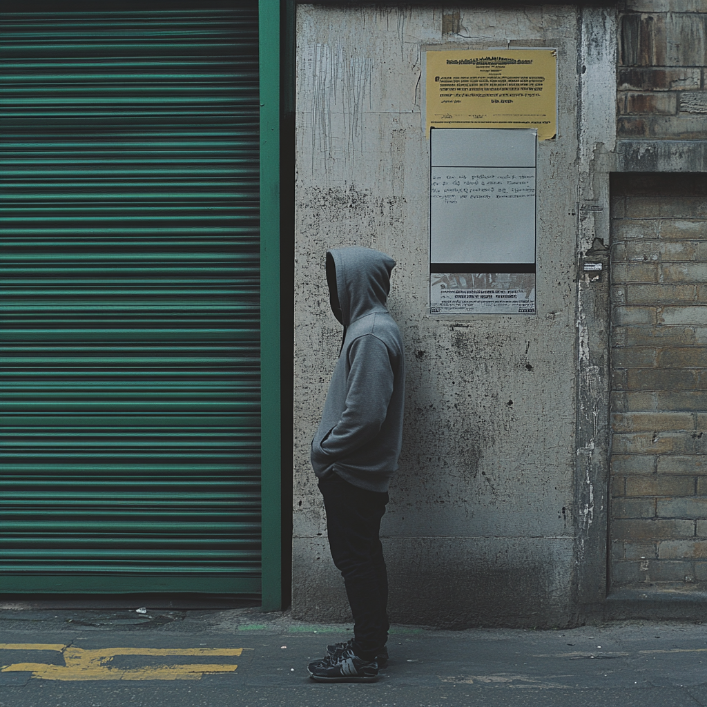 Person in grey hoodie stands in front of wall.