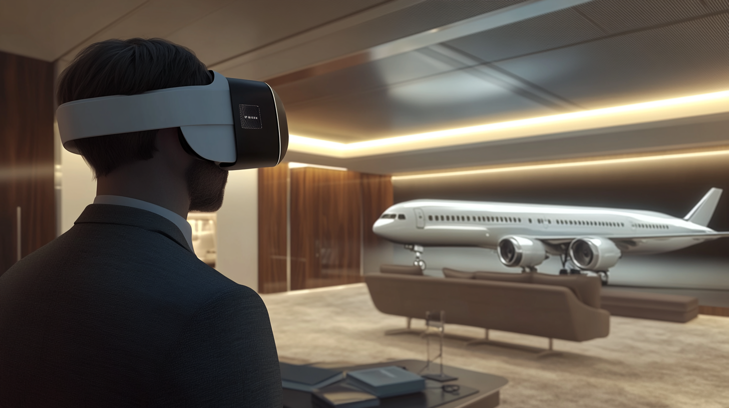 Person in office using VR Goggles, luxury aircraft inside.