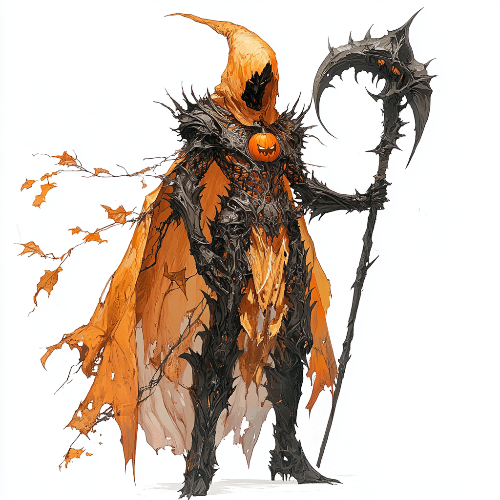 Person in pumpkin-like armor with scythe, Monster Hunter.