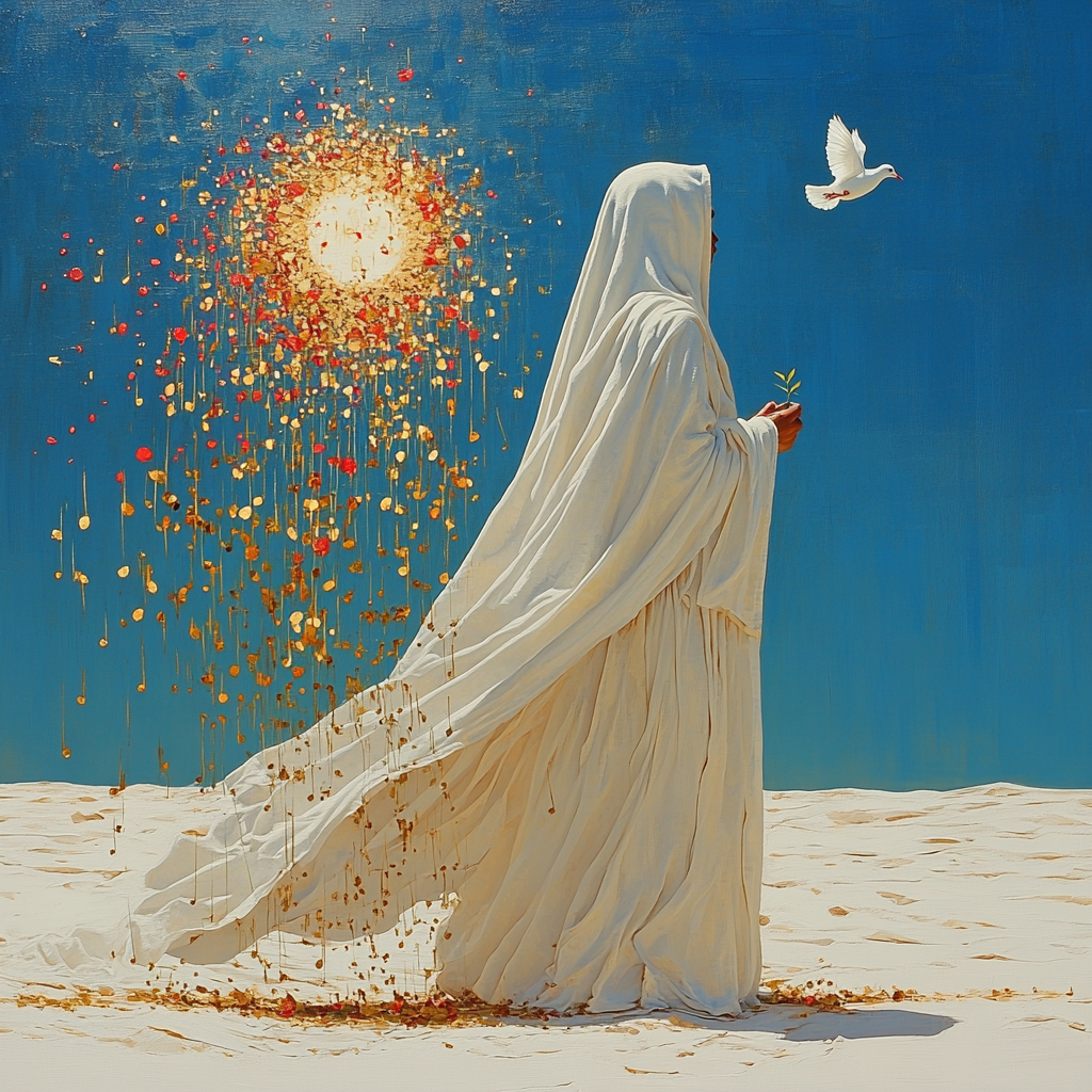 Person in robe with music notes, dove, desert, sun.