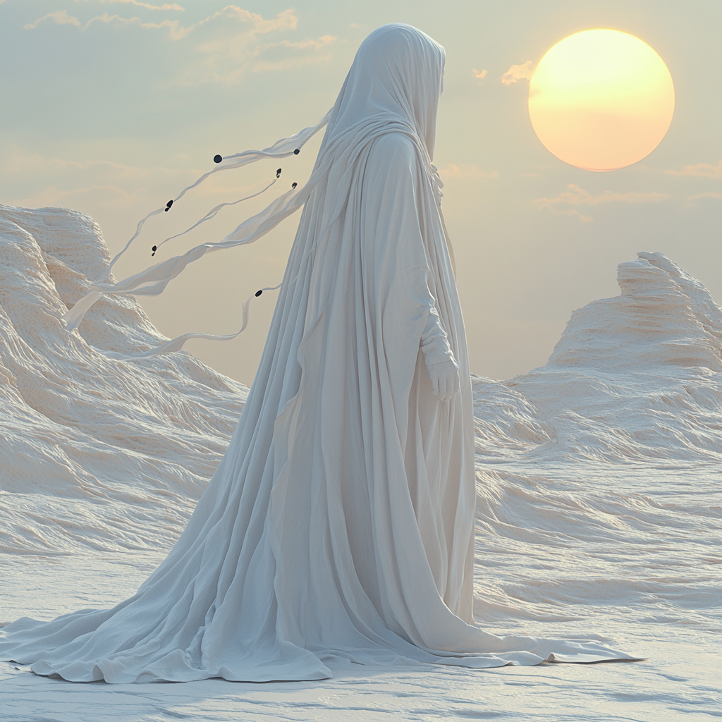 Person in white desert, flowing robe, music streams.