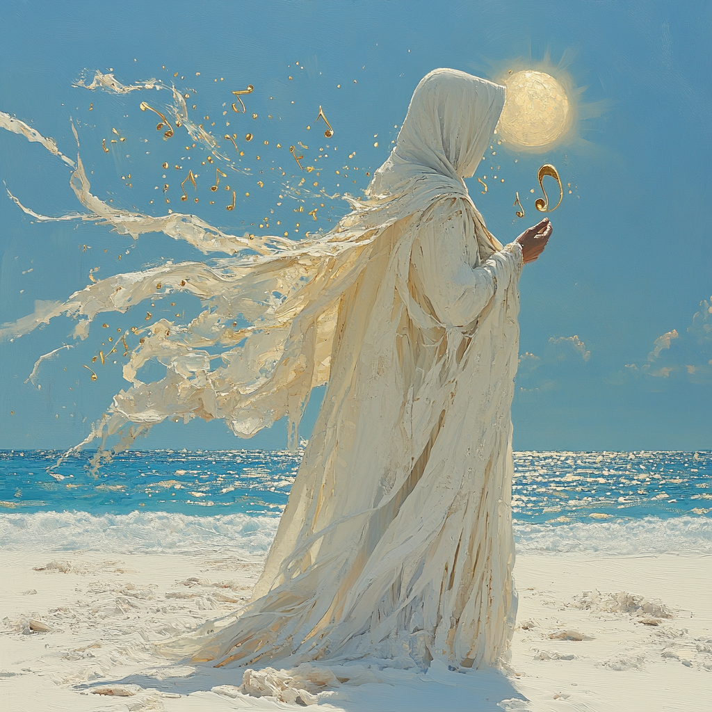 Person in white robe with hood, music notes, desert.