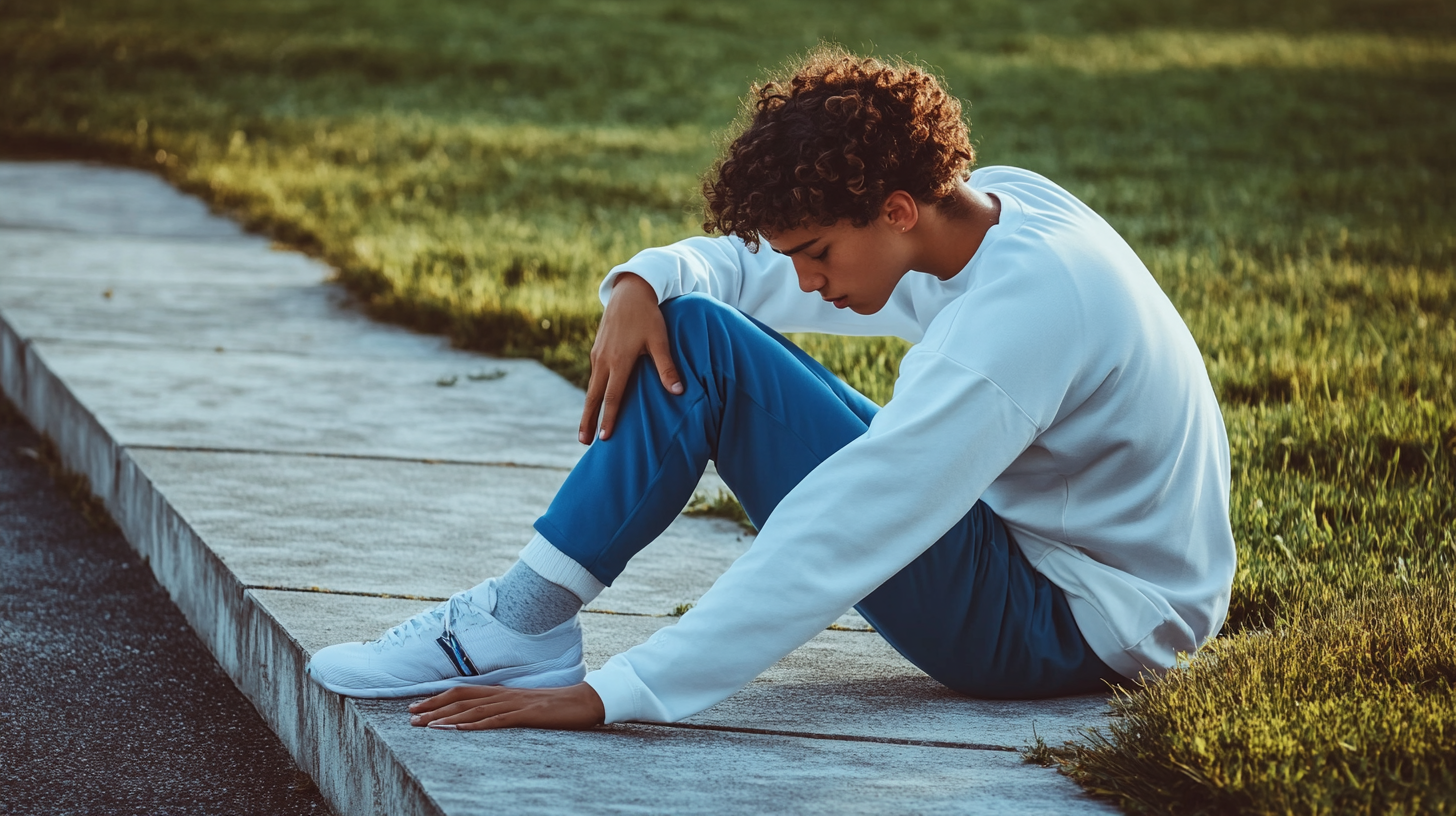 Person in white shirt and blue bottoms stretching outside.