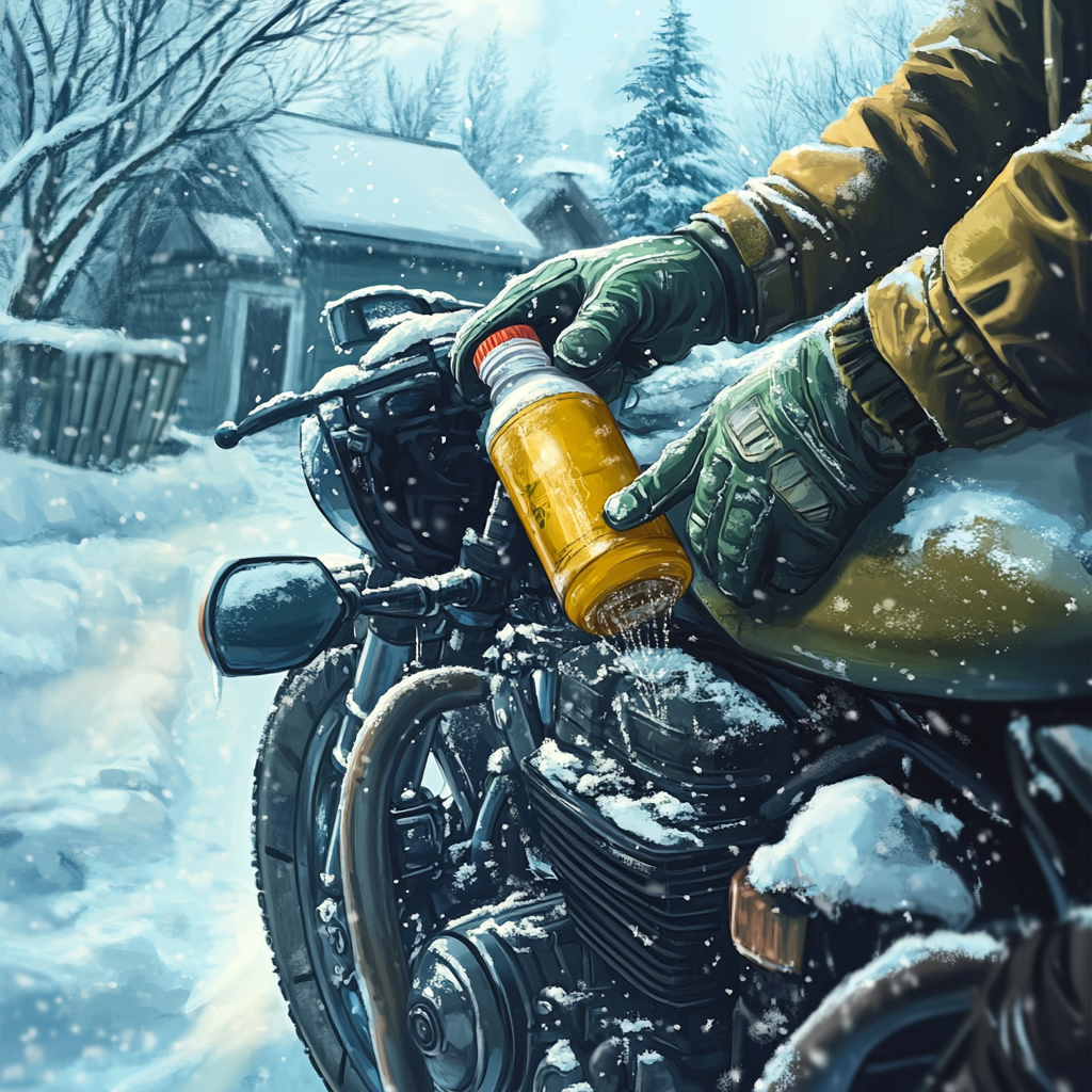 Person in winter gear adds antifreeze to motorcycle.