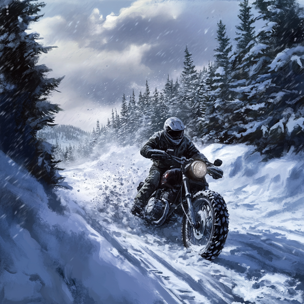 Person in winter gear freeing stuck motorcycle in snow.