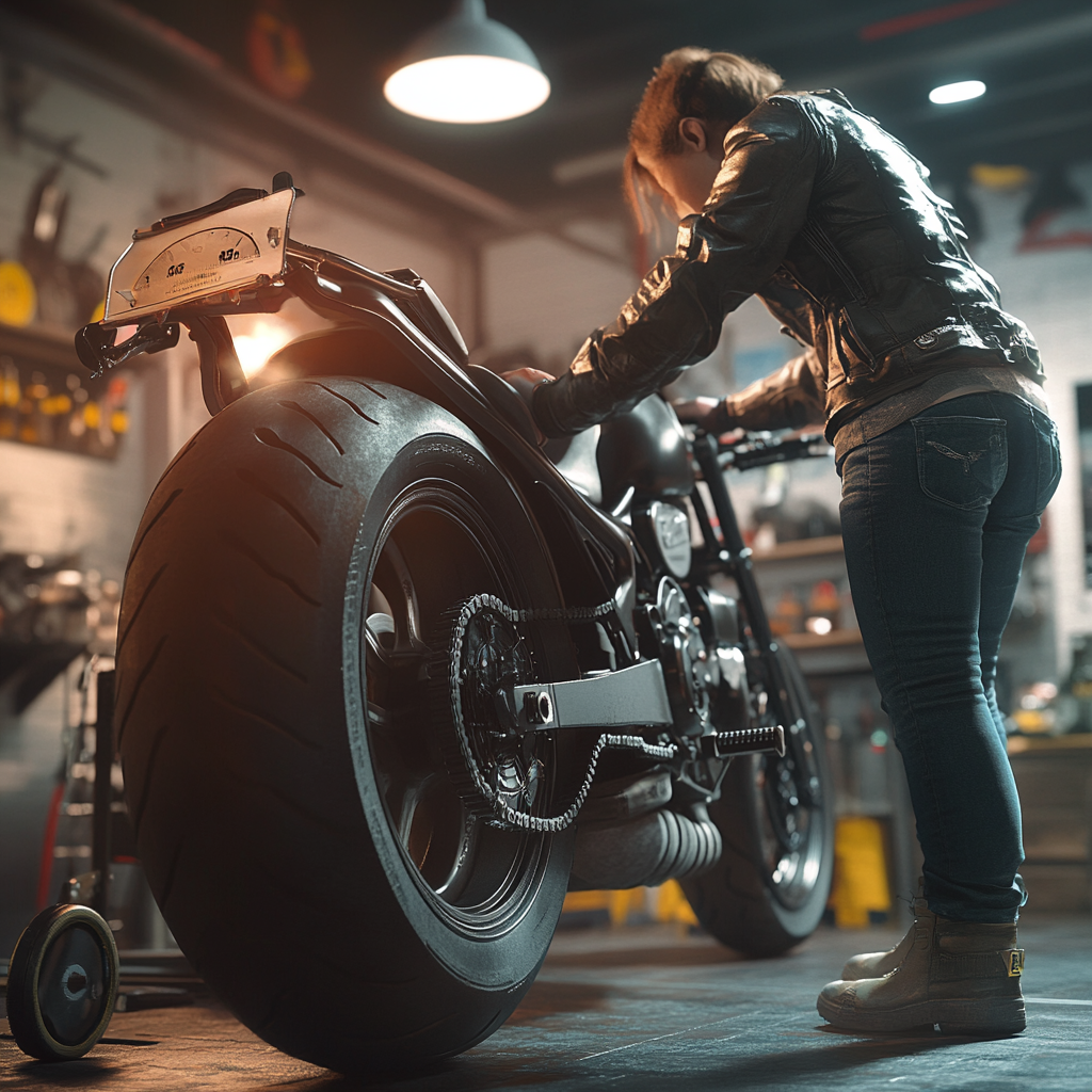 Person inspects motorcycle tires stored in garage carefully.