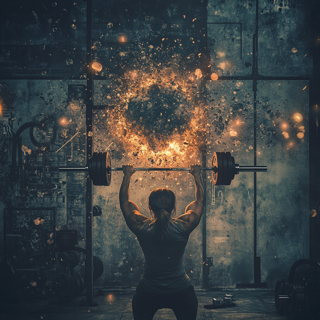 Person lifting weights in gym with intense focus.