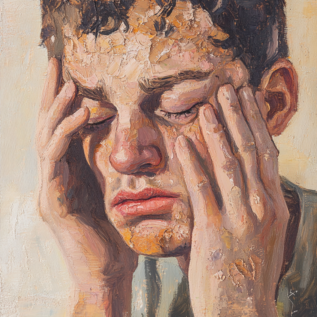 Person looking at eczema rashes in painting.