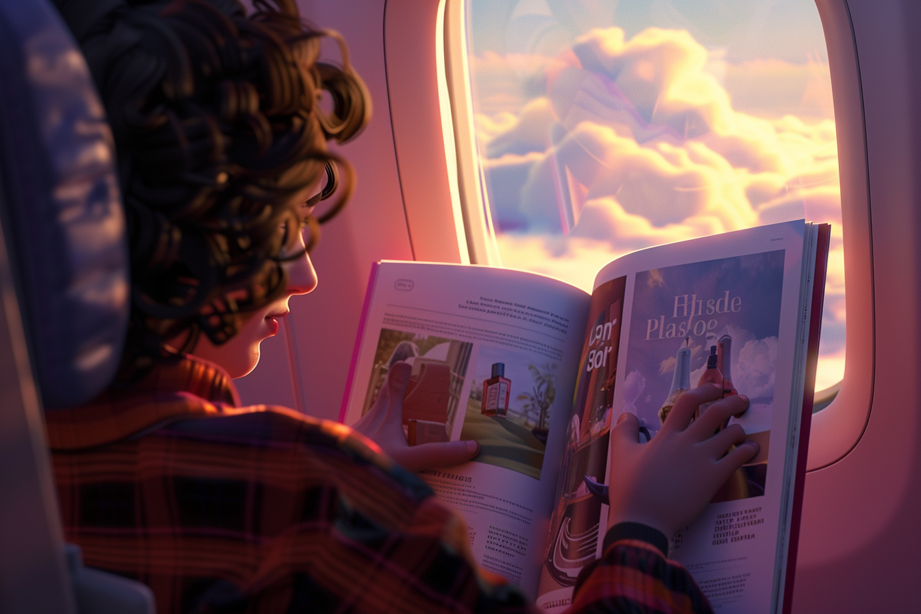 Person looks at perfume ads on magazine on plane