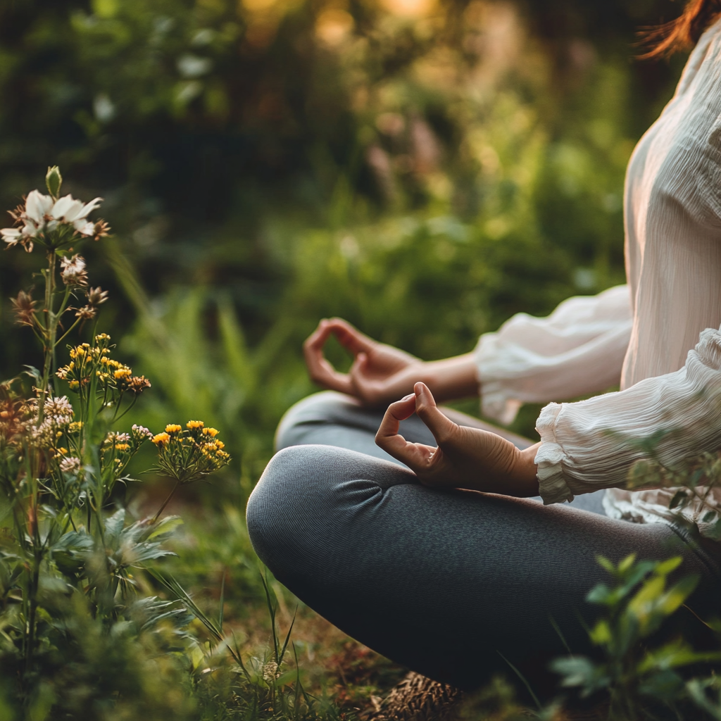 Person meditating in garden, surrounded by natural light.